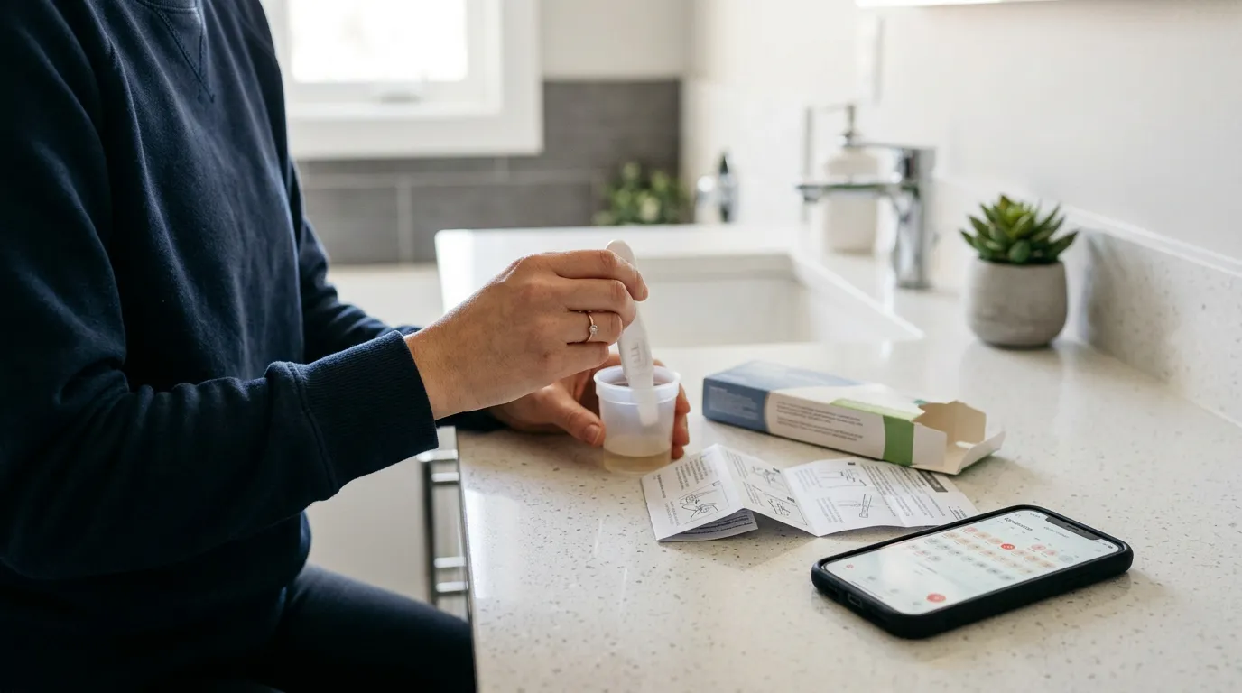 Pessoa usando um teste de gravidez de farmácia ao lado de um celular com calendário menstrual, com as instruções e a embalagem sobre a bancada