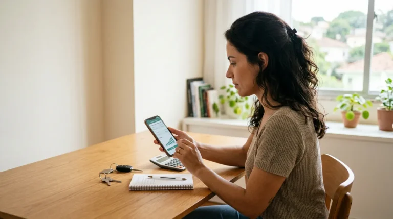 Pessoa usando um aplicativo para calcular financiamento em um celular sobre uma mesa com chaves e calculadora