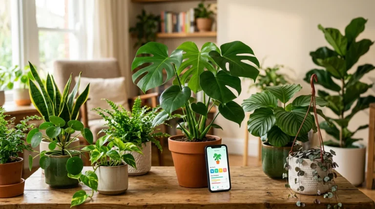 Coleção de plantas em vasos ao redor de um celular com aplicativo genérico de identificação e cuidados