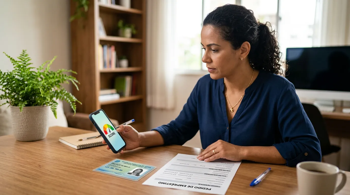 Pessoa analisando no celular o score de crédito ao lado de informações cadastrais do CPF e de um formulário de solicitação de crédito