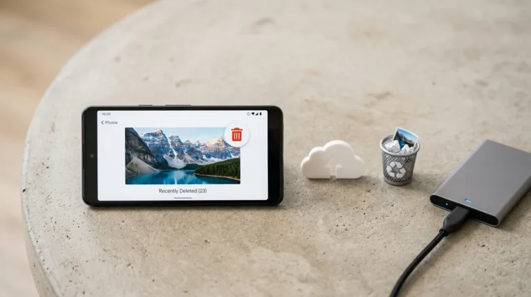Celular com uma foto apagada ao lado de símbolos de lixeira, backup na nuvem e armazenamento externo seguro