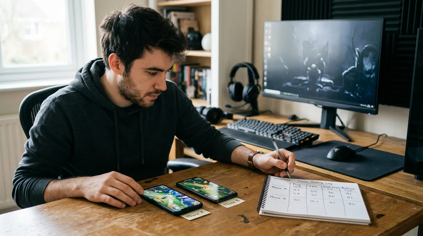 Jogadora comparando duas sessões do mesmo jogo online, registrando ping, FPS, tempo de carregamento, temperatura e bateria