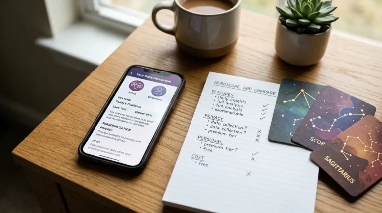 Celular com aplicativo genérico de horóscopo ao lado de cartões dos signos e anotações comparando recursos, privacidade, personalização e custo