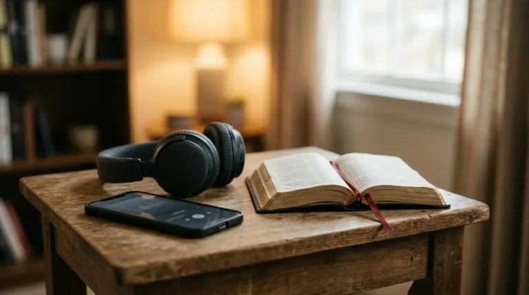 Celular com fones de ouvido ao lado de uma Bíblia aberta, representando a escolha de um aplicativo para ouvir músicas cristãs