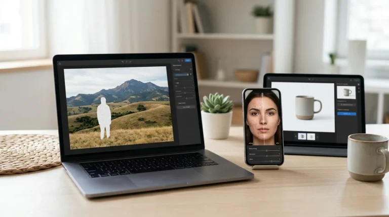 Celular e laptop exibindo edição de retrato, remoção de objeto e composição de foto de produto com inteligência artificial