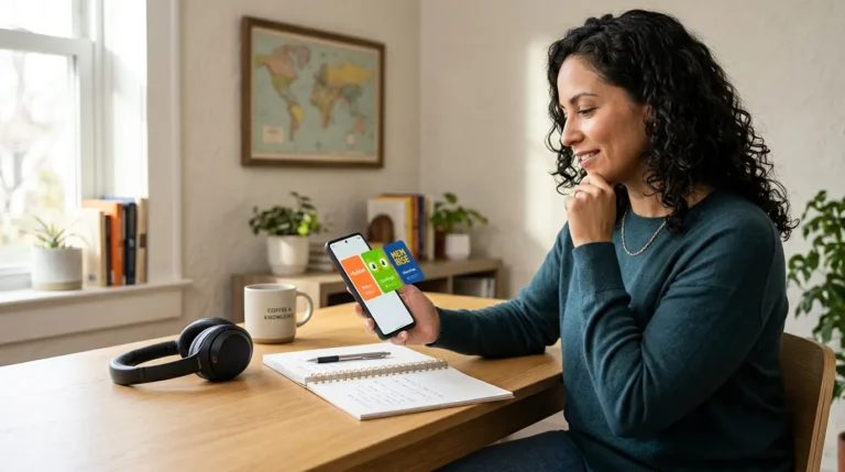 Pessoa escolhendo um aplicativo para aprender idiomas no celular com caderno, fones de ouvido e mapa-múndi ao fundo
