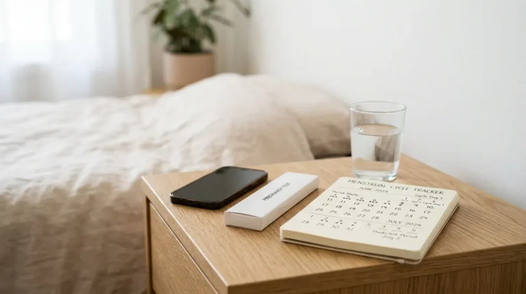 Celular ao lado de um teste de gravidez de farmácia lacrado e um calendário menstrual, representando informação e confirmação segura