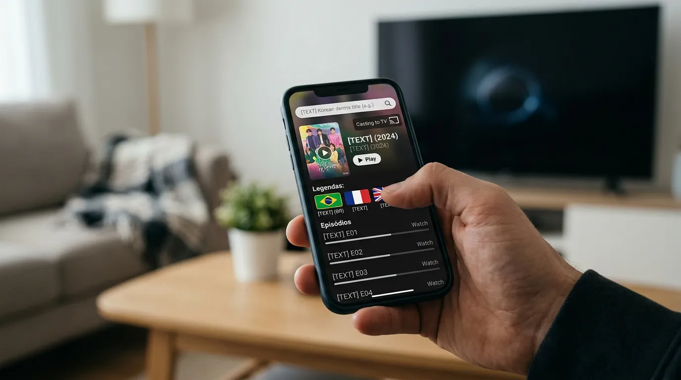 Pessoa conferindo o catálogo de um dorama, selecionando legendas em português e verificando episódios disponíveis em um aplicativo de streaming