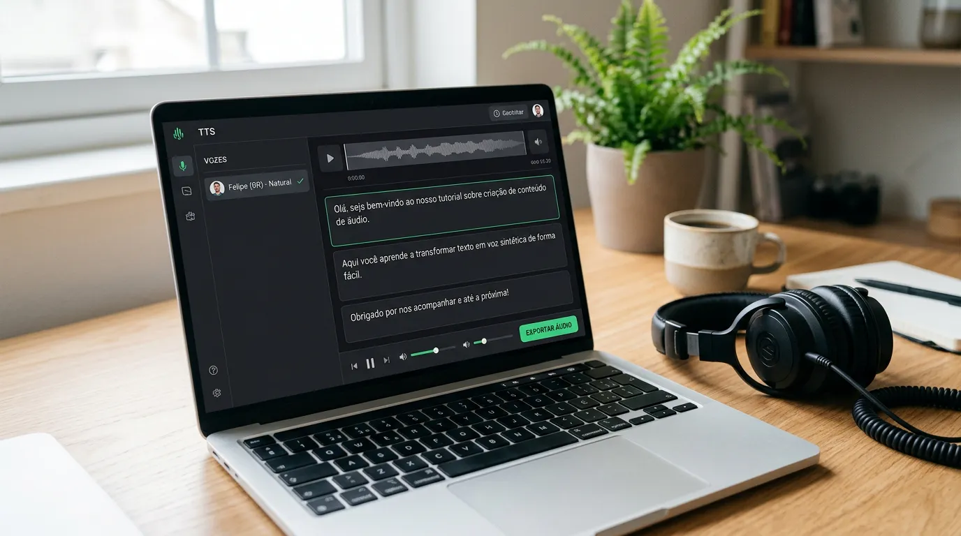 Pessoa revisando um roteiro em blocos, testando uma voz sintética em português brasileiro e preparando a exportação do áudio