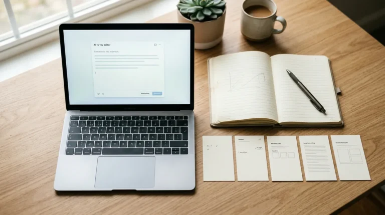 Laptop com editor de textos por IA ao lado de materiais organizados para criar, revisar e adaptar textos em português brasileiro