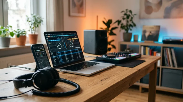 Celular, computador, fones de ouvido e controlador reunidos em uma configuração doméstica para mixar músicas