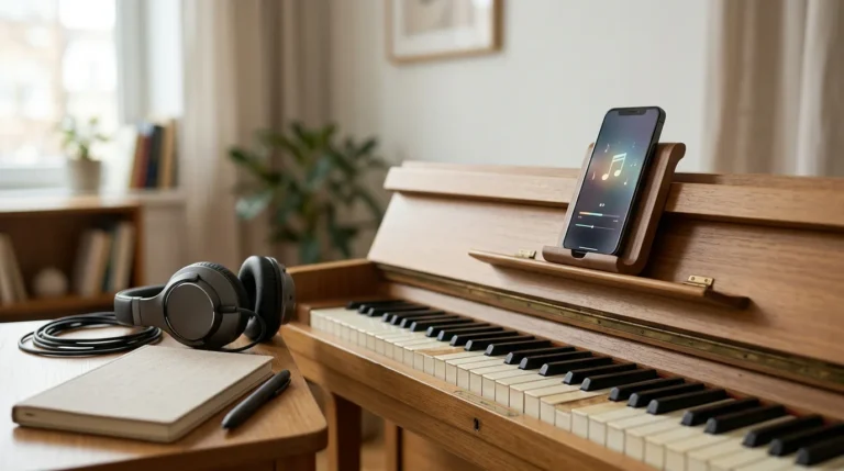 Piano com celular no suporte, fones de ouvido e caderno de estudos em um ambiente doméstico organizado