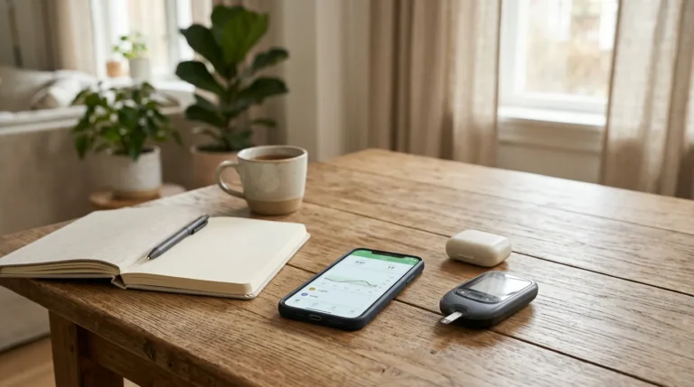 Celular com registro de glicose ao lado de um glicosímetro, um estojo de sensor e um caderno em uma mesa