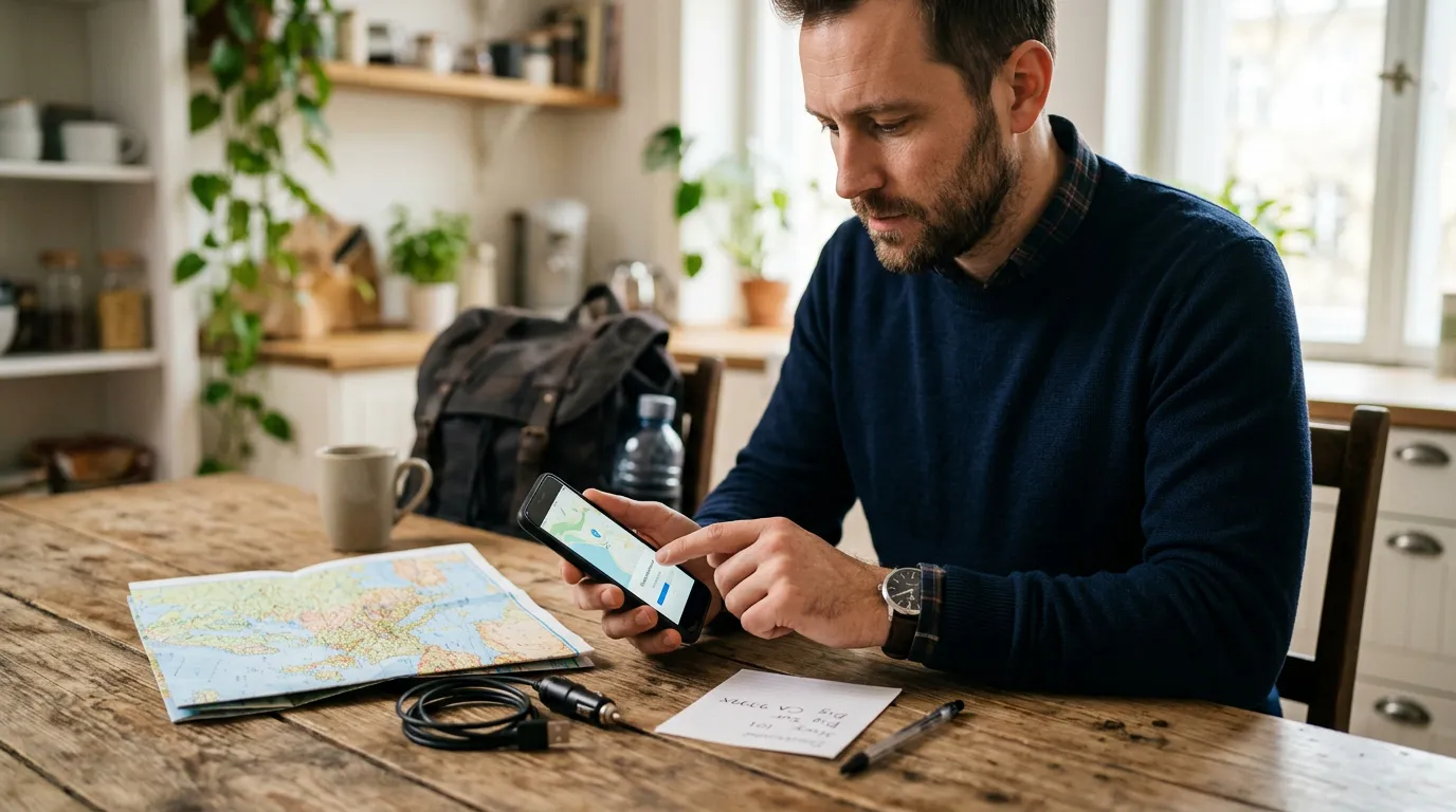 Pessoa preparando uma viagem de carro com mapa offline baixado no celular, endereço anotado e carregador veicular sobre a mesa