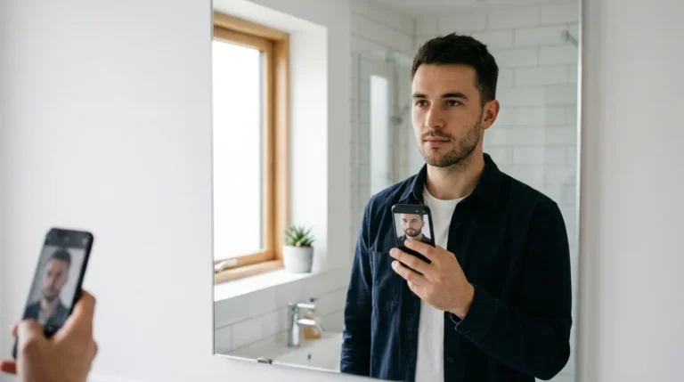 Homem usando o celular para visualizar uma possível barba diante do espelho