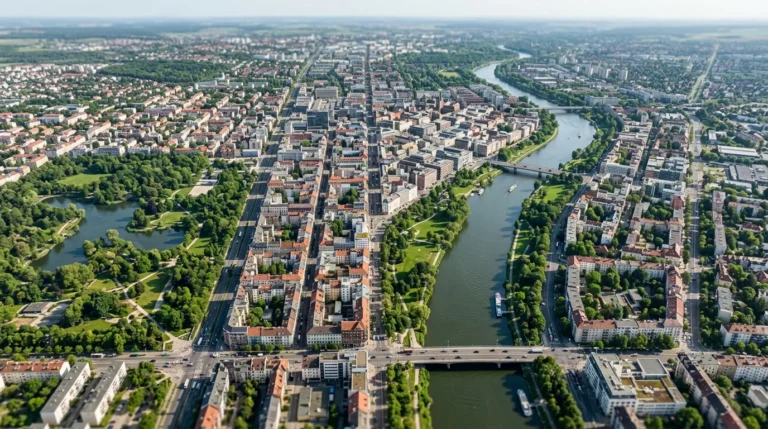 Cidade vista de cima com áreas urbanas, ruas, espaços verdes e relevo representados em uma visualização digital inspirada em imagens de satélite