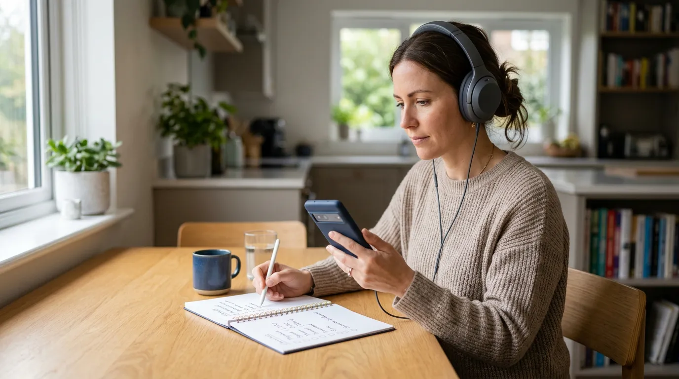 Pessoa testando um aplicativo de audiolivros no celular com fones de ouvido, checklist e opções de reprodução, download, sincronização e cancelamento