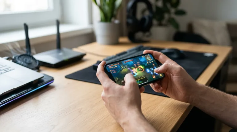 Smartphone exibindo um jogo online em uma mesa organizada, com roteador Wi-Fi e ventilação ao fundo