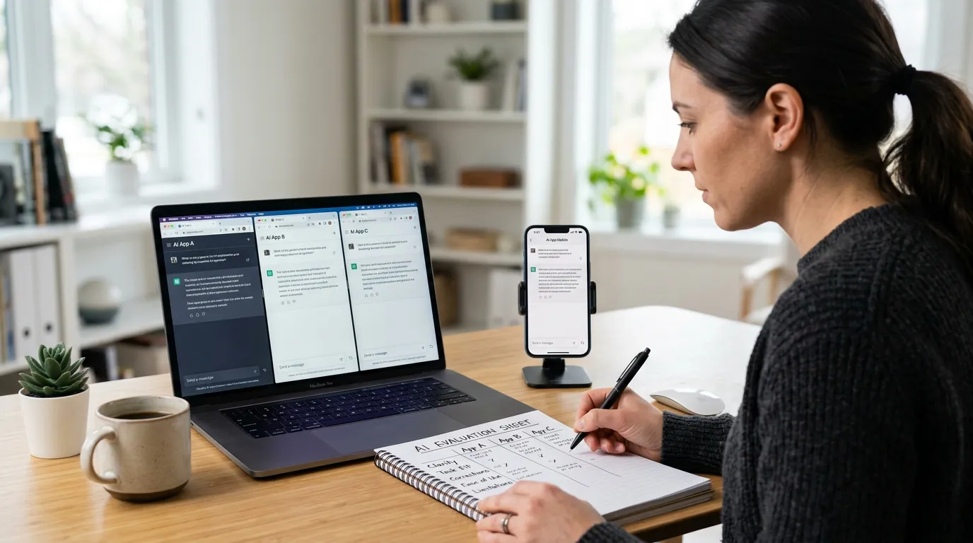 Pessoa comparando três aplicativos de inteligência artificial em um laptop e um smartphone, usando os mesmos prompts e avaliando clareza, adequação à tarefa, correções e facilidade de uso