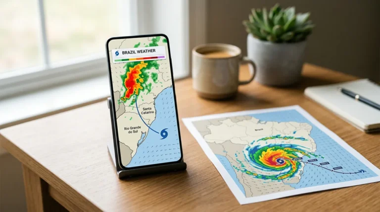 Celular exibindo mapa meteorológico genérico com radar de chuva, setas de vento e trajetória de furacão sobre o Brasil