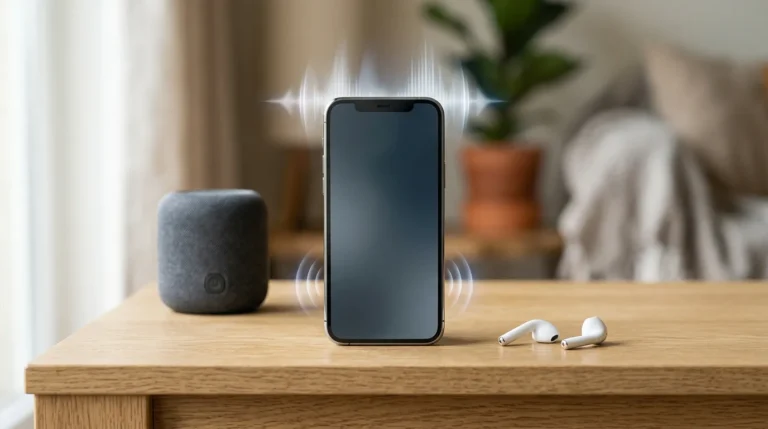 Celular cercado por ondas sonoras, fones de ouvido e uma pequena caixa de som, representando aplicativos para aumentar o volume