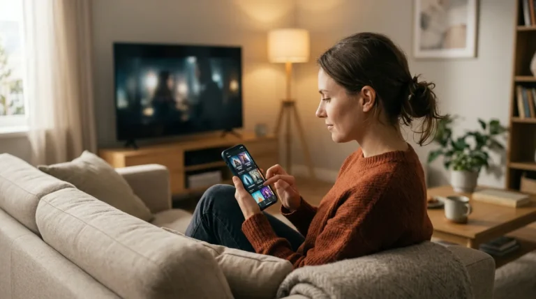 Pessoa escolhendo um filme em um celular enquanto uma televisão aparece ao fundo na sala