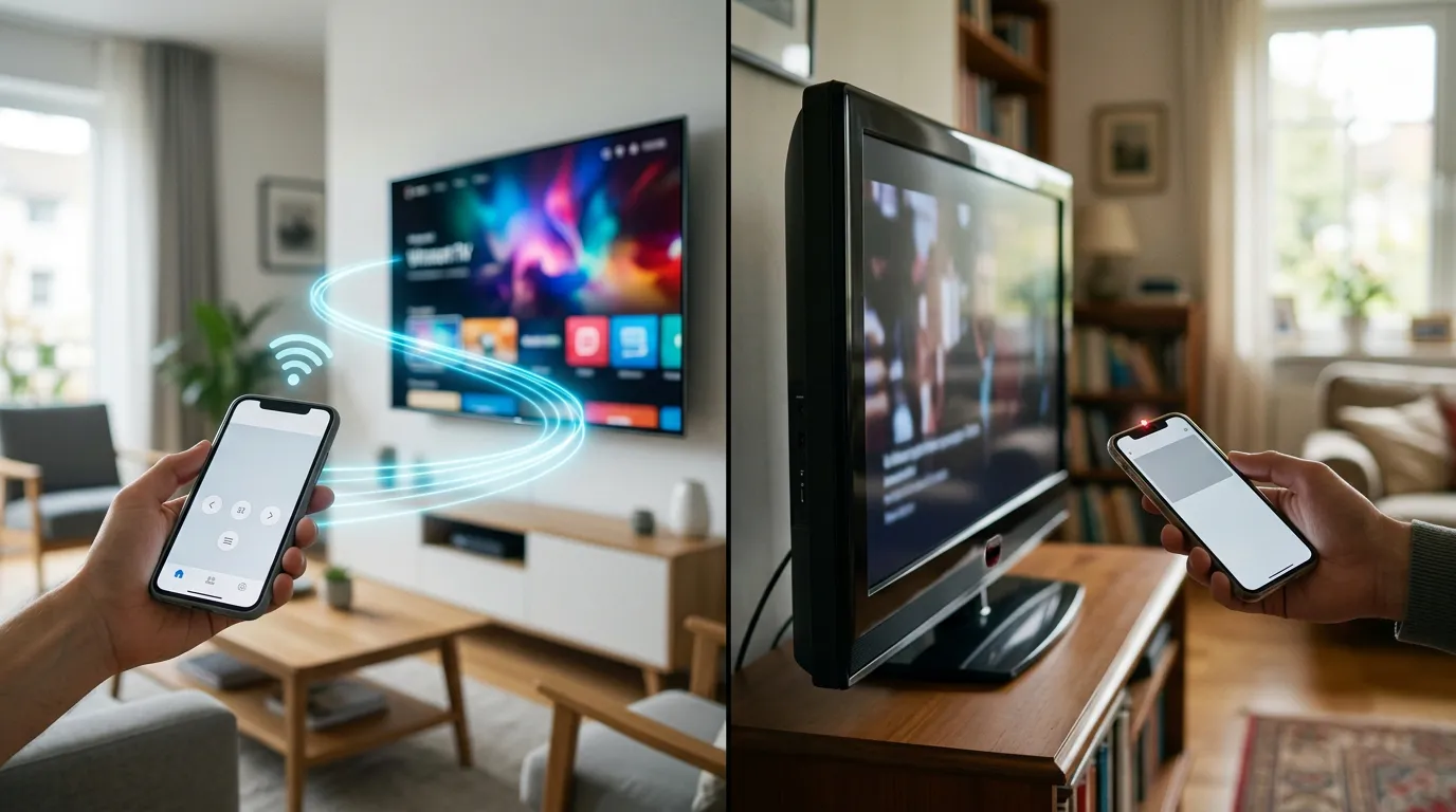 Celular controlando uma smart TV por Wi-Fi ao lado de outro celular apontado para o sensor infravermelho de uma televisão convencional