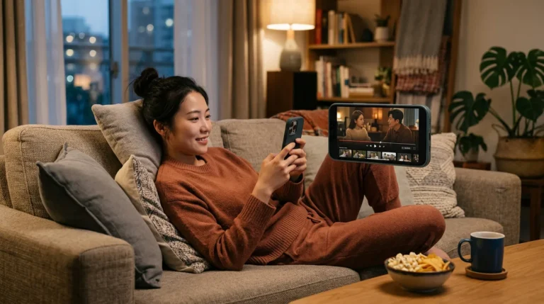 Pessoa escolhendo um aplicativo para assistir doramas no celular em casa