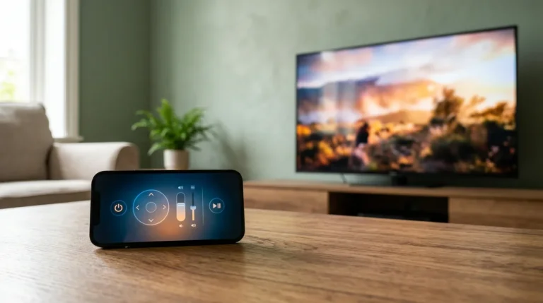 Celular ao lado de uma televisão ligada, representando o uso do aparelho como controle remoto