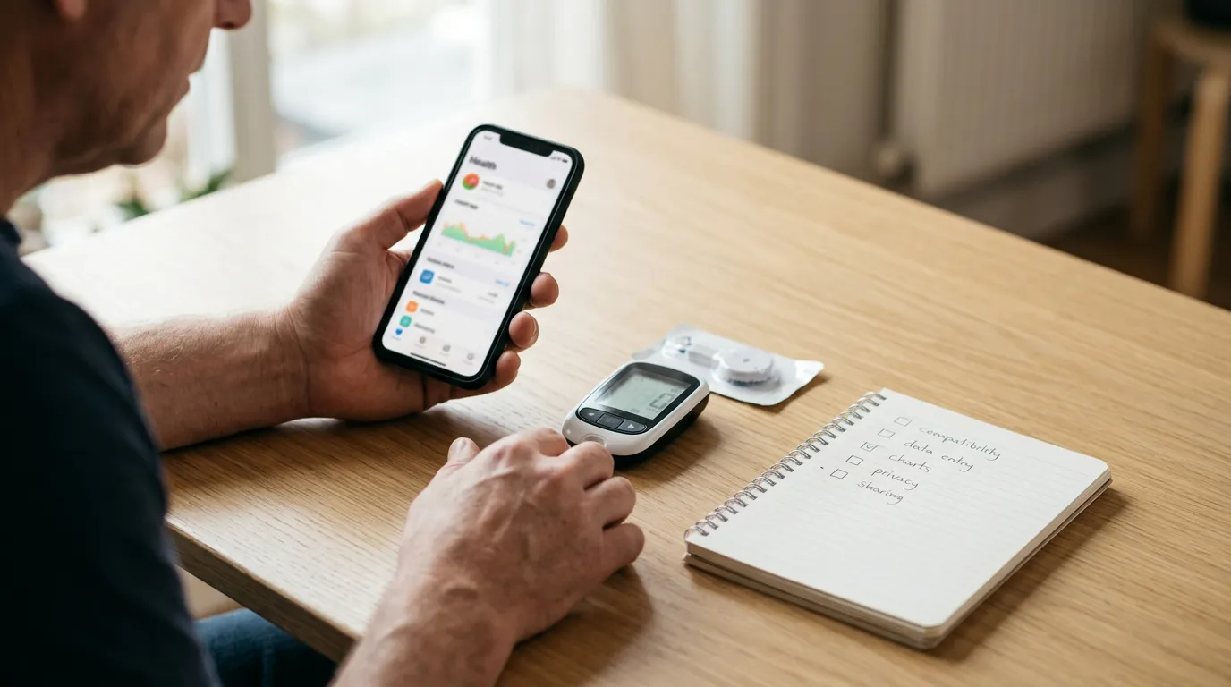 Pessoa comparando um aplicativo de monitoramento de glicose no celular ao lado de um glicosímetro e de um sensor compatível