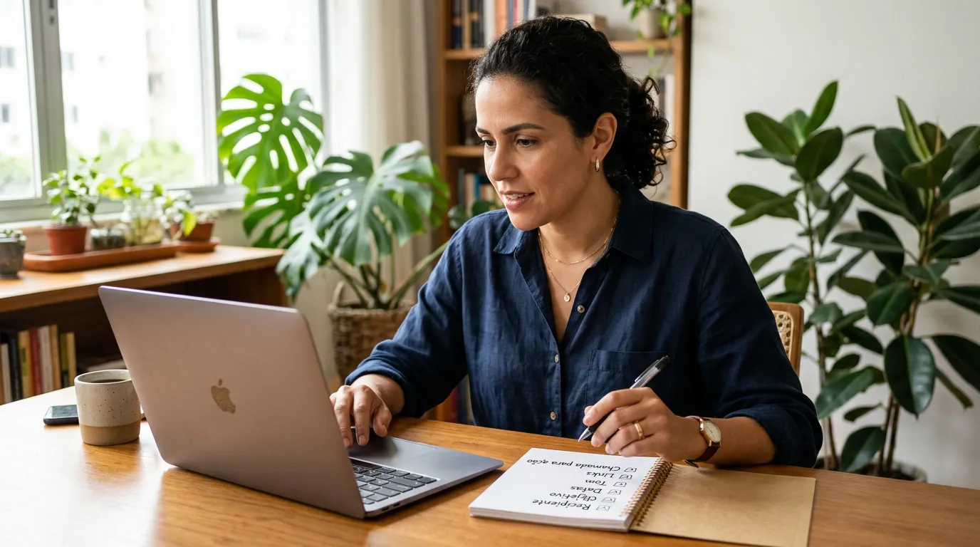 Pessoa revisando um rascunho de e-mail gerado por IA e conferindo destinatário, tom, datas, links e chamada para ação