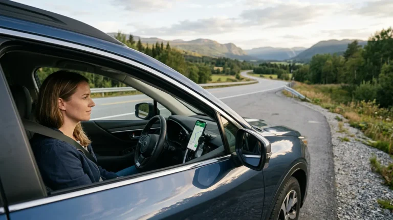 Motorista parado com segurança ao lado da estrada, consultando uma rota de navegação no celular antes de seguir viagem
