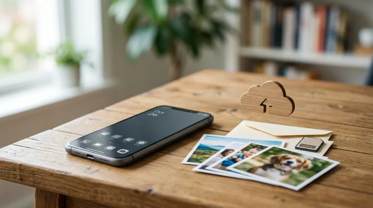 Celular cercado por fotos, vídeos, documentos organizados e um símbolo de armazenamento em nuvem