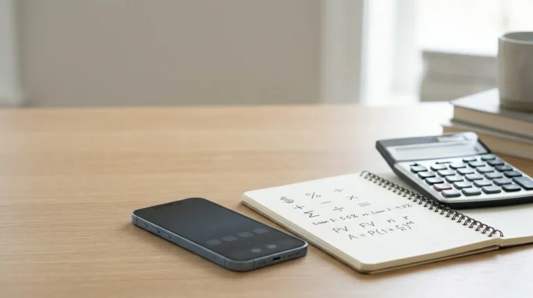 Celular, calculadora e caderno organizados para comparar cálculos de juros