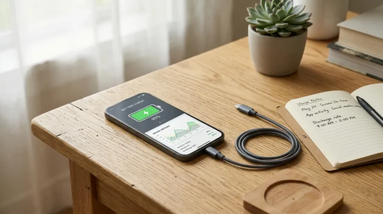 Celular exibindo um painel genérico de saúde e consumo da bateria ao lado de um cabo de carregamento e anotações de uso