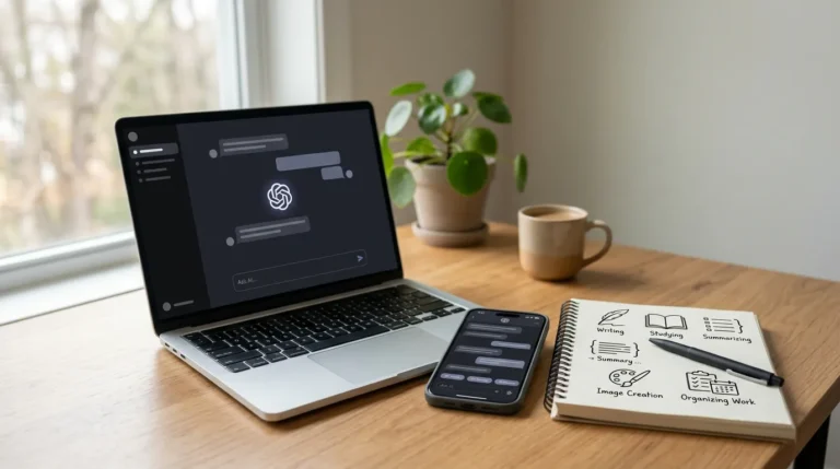 Laptop e smartphone com interfaces genéricas de assistentes de inteligência artificial ao lado de um caderno com tarefas de escrita, estudo, resumo, criação de imagens e organização