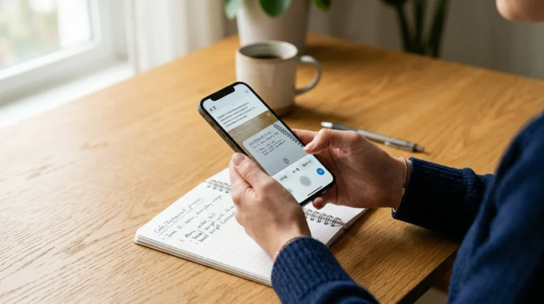 Pessoa usando um celular para traduzir um texto curto sobre uma mesa clara