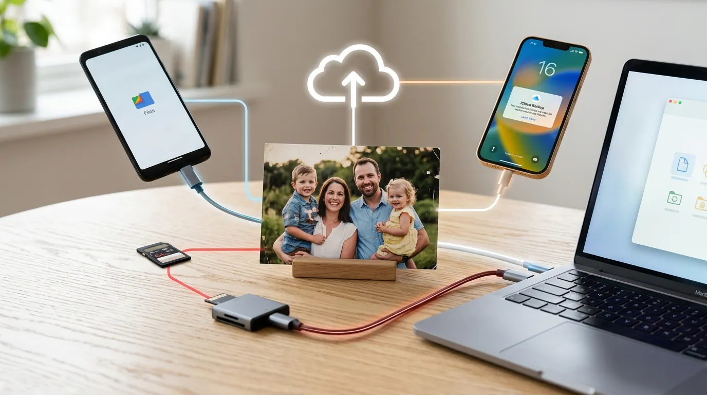 Celular Android, iPhone, cartão SD, backup na nuvem e computador conectados a diferentes caminhos para recuperar uma foto