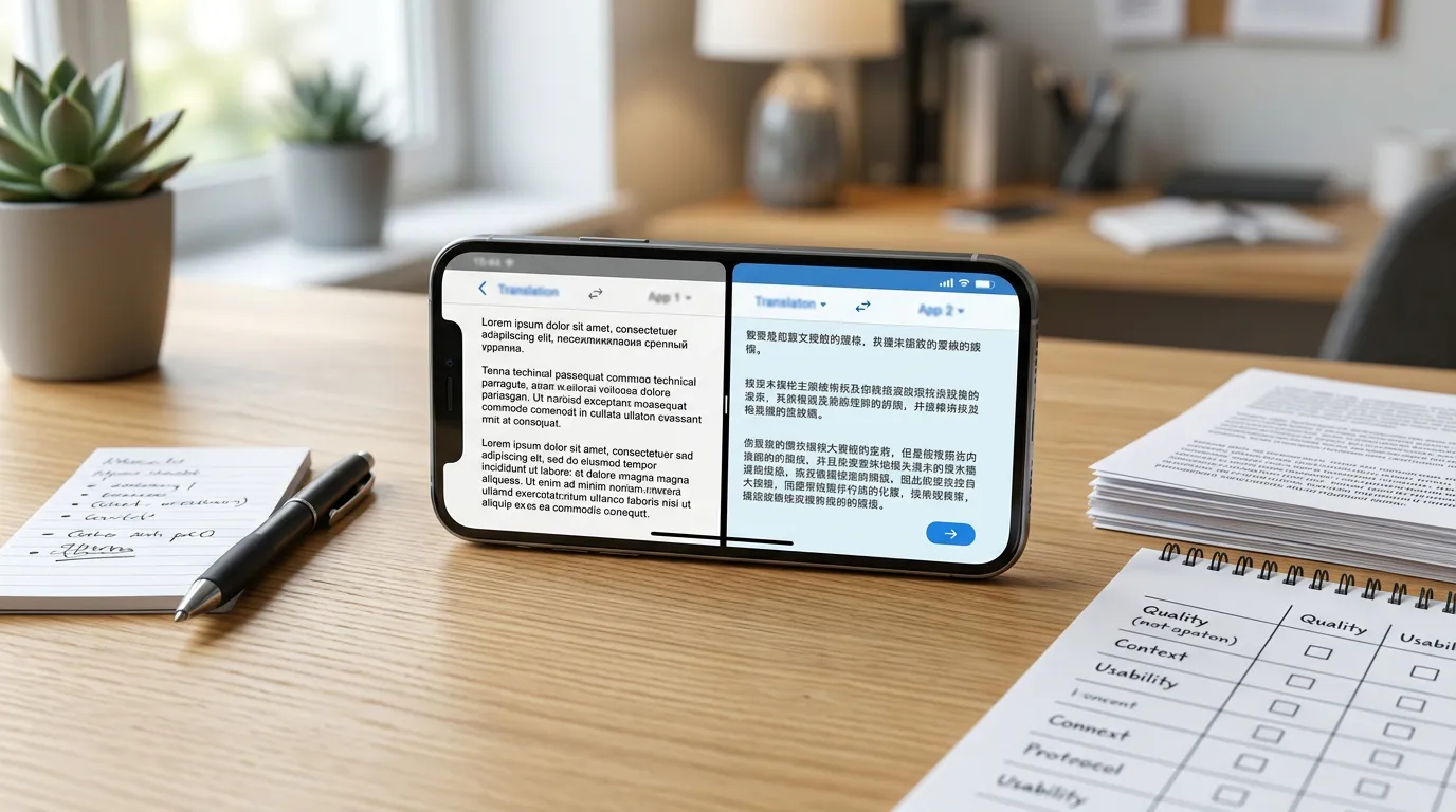 Celular com dois aplicativos de tradução lado a lado exibindo os mesmos trechos, acompanhado de textos originais e uma grade de comparação