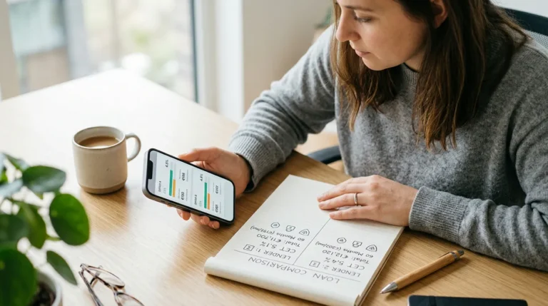 Pessoa comparando ofertas de empréstimo no celular com atenção ao CET, ao valor total, às parcelas, à instituição credora e à privacidade