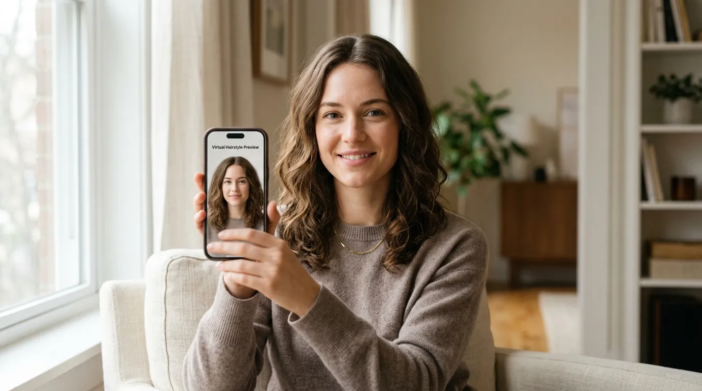 Pessoa preparando um retrato frontal bem iluminado no celular para testar uma mudança virtual de cabelo