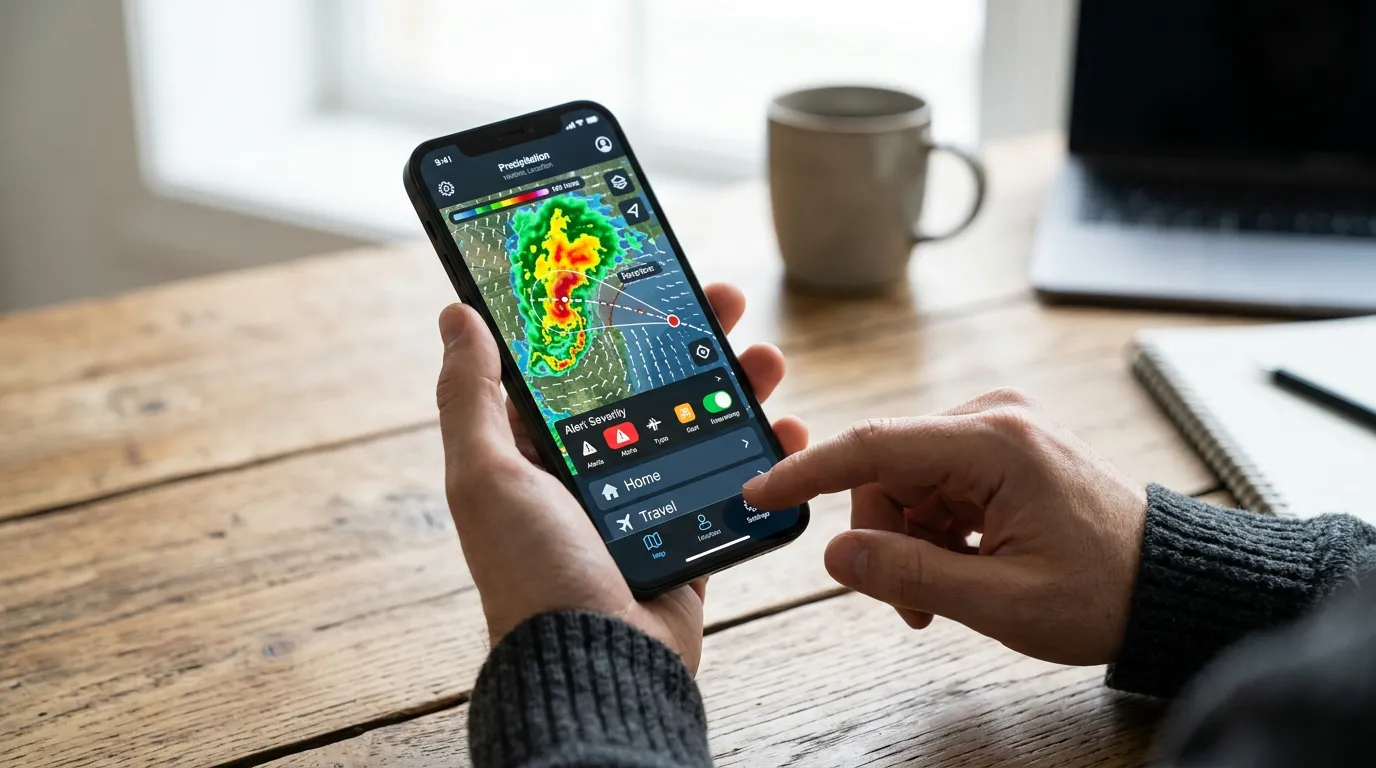 Pessoa configurando alertas meteorológicos no celular e interpretando radar de chuva, direção do vento e trajetória projetada da tempestade