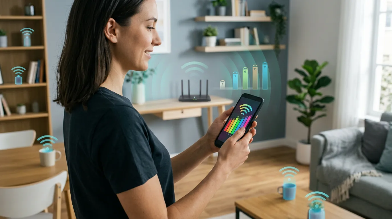 Pessoa medindo o sinal de Wi-Fi em diferentes pontos da casa enquanto um roteador transmite ondas de conexão