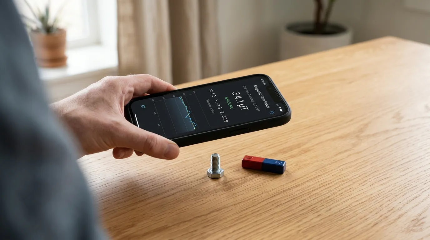 Celular exibindo uma leitura de campo magnético enquanto testa um parafuso de aço e um ímã sobre uma mesa