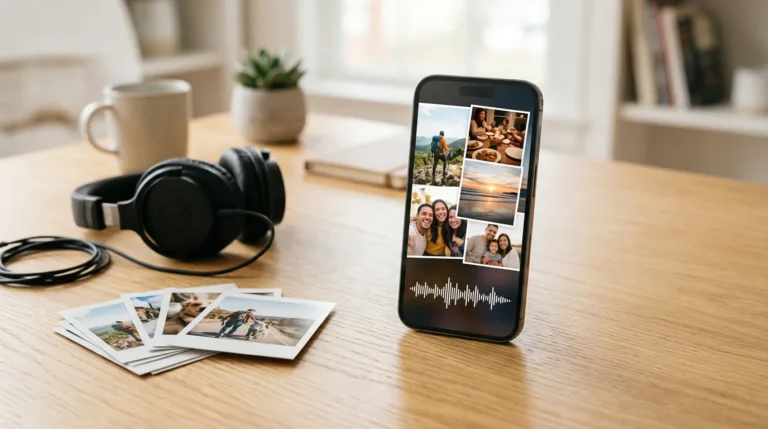 Celular exibindo um vídeo em slideshow com fotos pessoais e trilha musical ao lado de fotos impressas e fones de ouvido