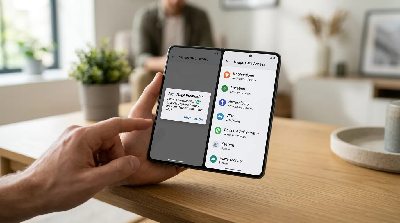 Tela de permissões de um aplicativo de bateria ao lado das configurações do celular, com acessos a notificações, localização, acessibilidade, VPN e administrador do dispositivo