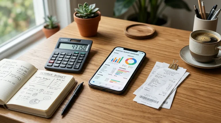 Celular com controle de orçamento mensal ao lado de caderno, calculadora e comprovantes em uma mesa organizada
