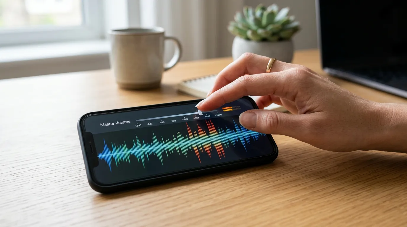 Celular reproduzindo fala e música enquanto o ganho de volume é ajustado gradualmente para comparar clareza e distorção