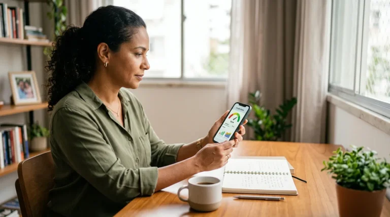 Pessoa consultando um painel genérico de score de crédito no celular em uma mesa organizada