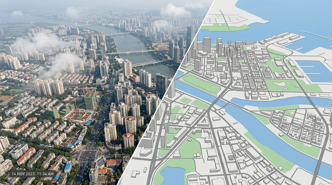 Representação de uma cidade mostrando diferenças entre imagem de satélite datada, mapa plano e modelo 3D, com nuvens, sombras e áreas de construção